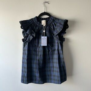 Sail to Sable navy blue and green plaid sleeveless top